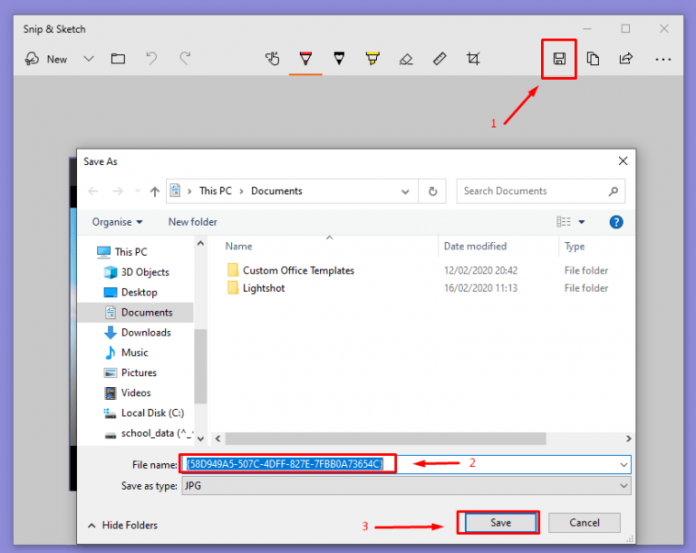 snipping tool default save location windows 10