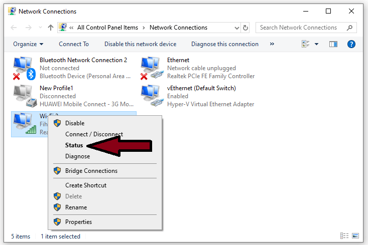 Right-click on the Wi-Fi network and select “Status”
