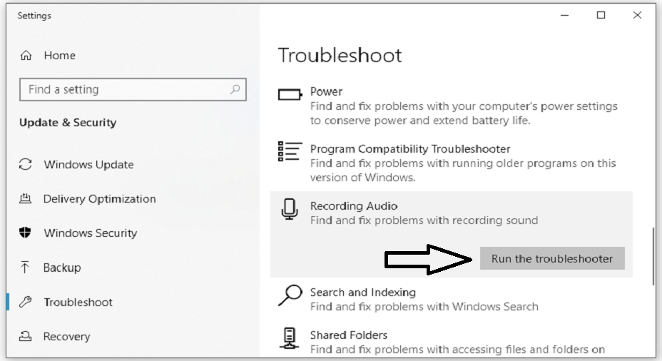 Run The Troubleshooter-Recording Audio Windows