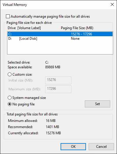 Disable Automatically Manage Paging File Size