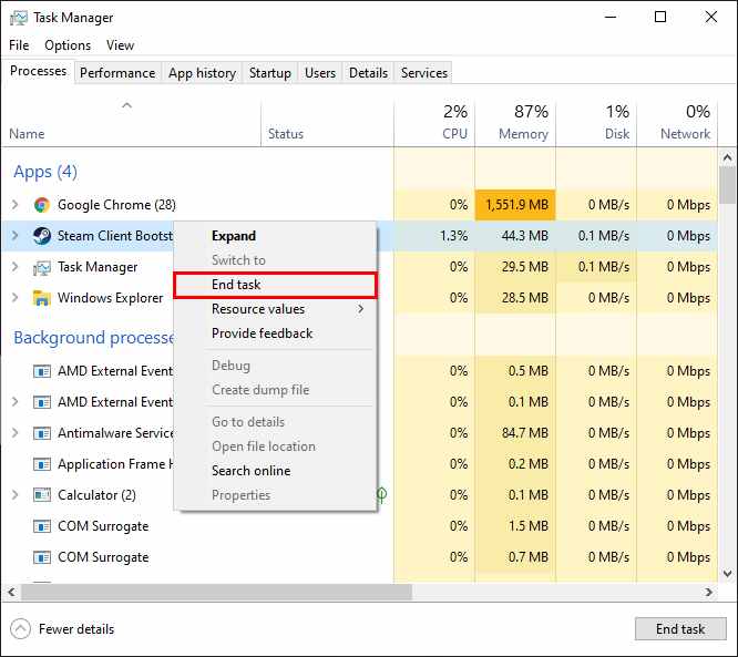 End Steam Process Using Windows Task Manager