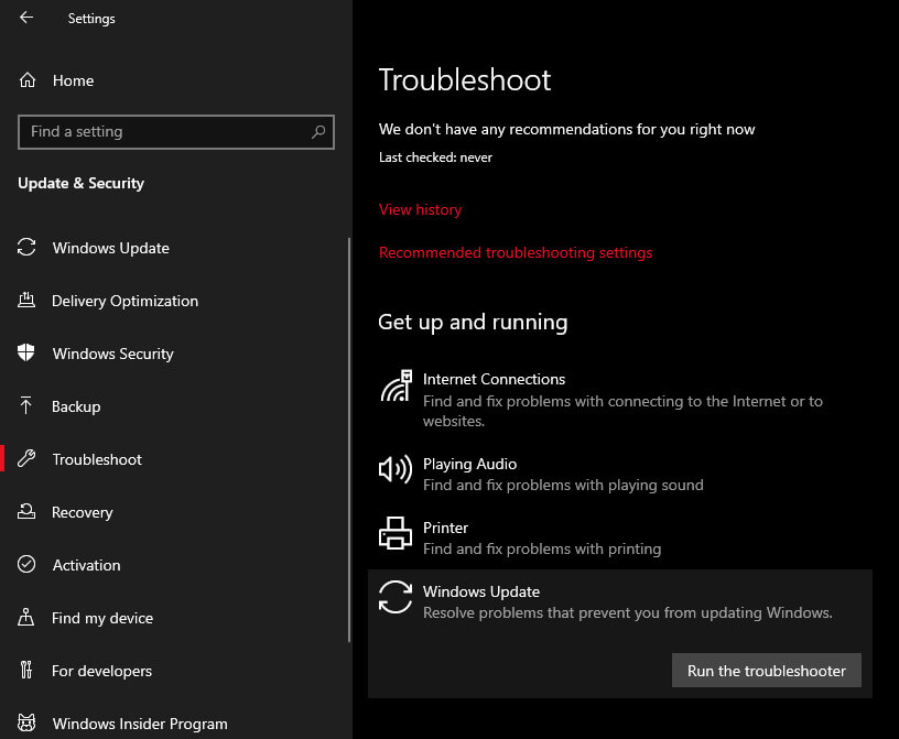 Windows update troubleshooter