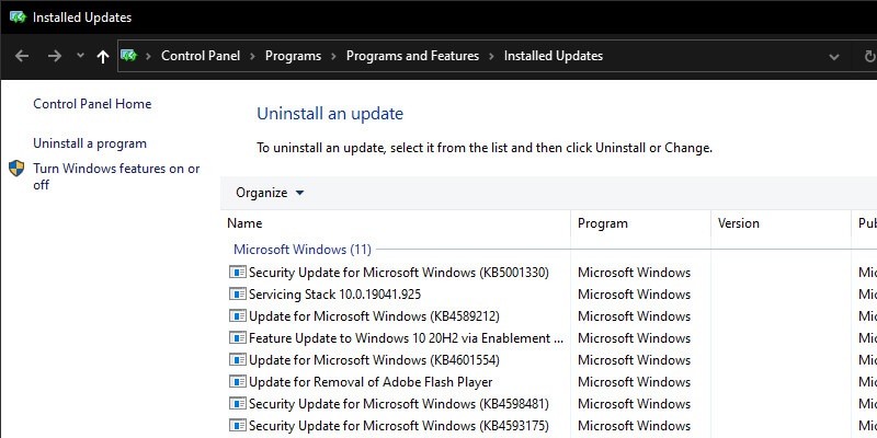 Uninstall Windows 10 Updates